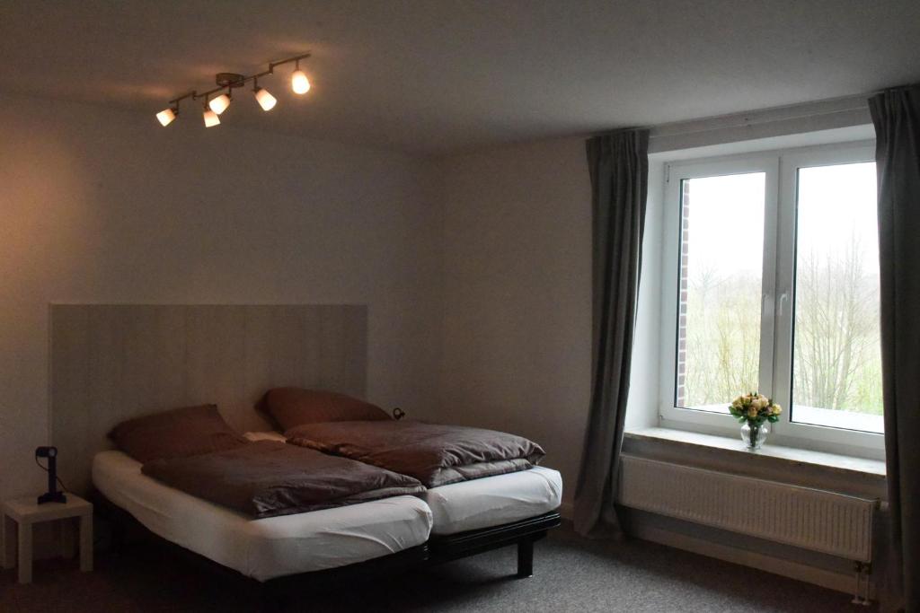 een slaapkamer met een bed en een raam bij Großzügige Wohnung auf Resthof in Jevenstedt