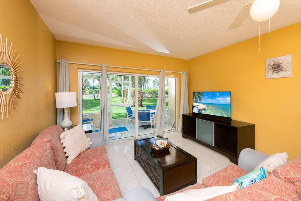 sala de estar con sofá y TV de pantalla plana en Resort w kayaks, SUPs + tennis/pickleball court en George Town