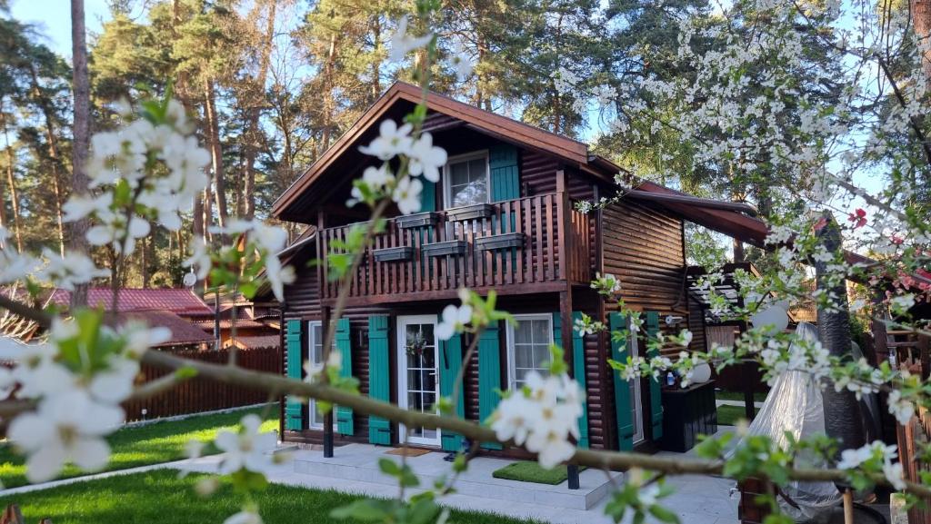 une cabane en bois avec des fleurs blanches dans l'établissement Căsuța din povești, à Reci