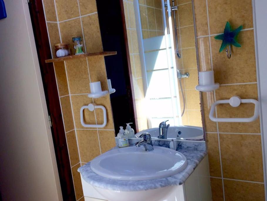 een badkamer met een wastafel en een spiegel bij Océan · Gite rural - Herbignac, La Roche-Bernard in Herbignac