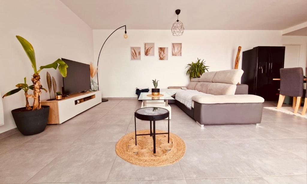 un salon avec un canapé et une table dans l'établissement Toit-terrasse avec vue magnifique sur Montpellier, à Montpellier