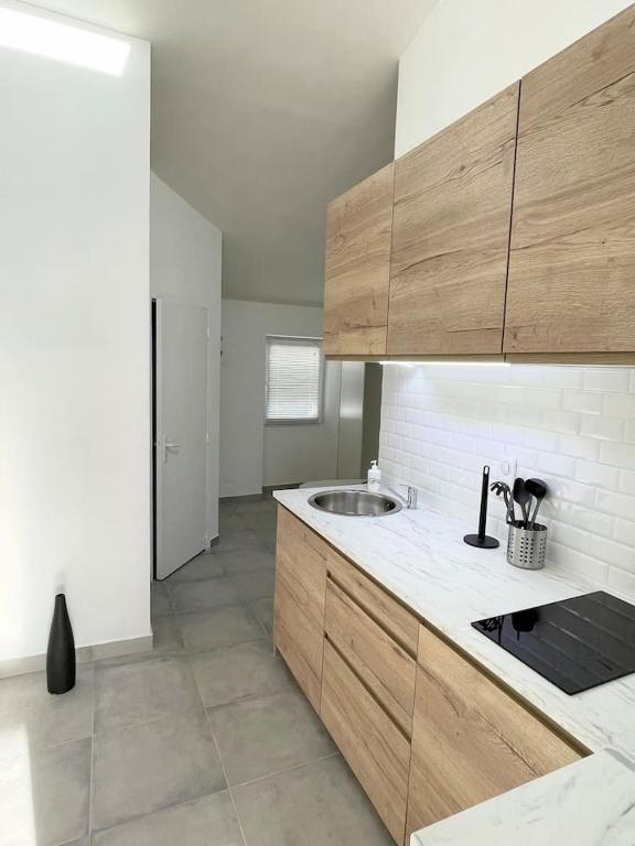 アジャクシオにあるStudio 2 Personnes Plein Centre Rue Piétonneのシンクとカウンタートップのあるキッチン