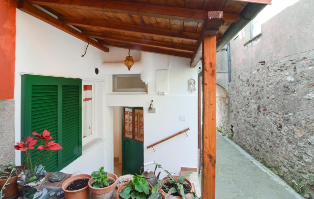 a building with a green door and potted plants at 1 Bedroom Cozy Apartment In Reggimonti in Reggimonti