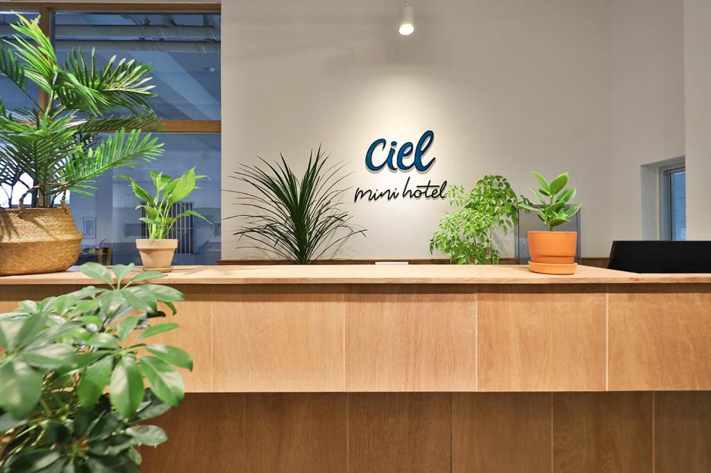 a reception desk with potted plants on the wall at Ciel mini hotel in Gyeongju