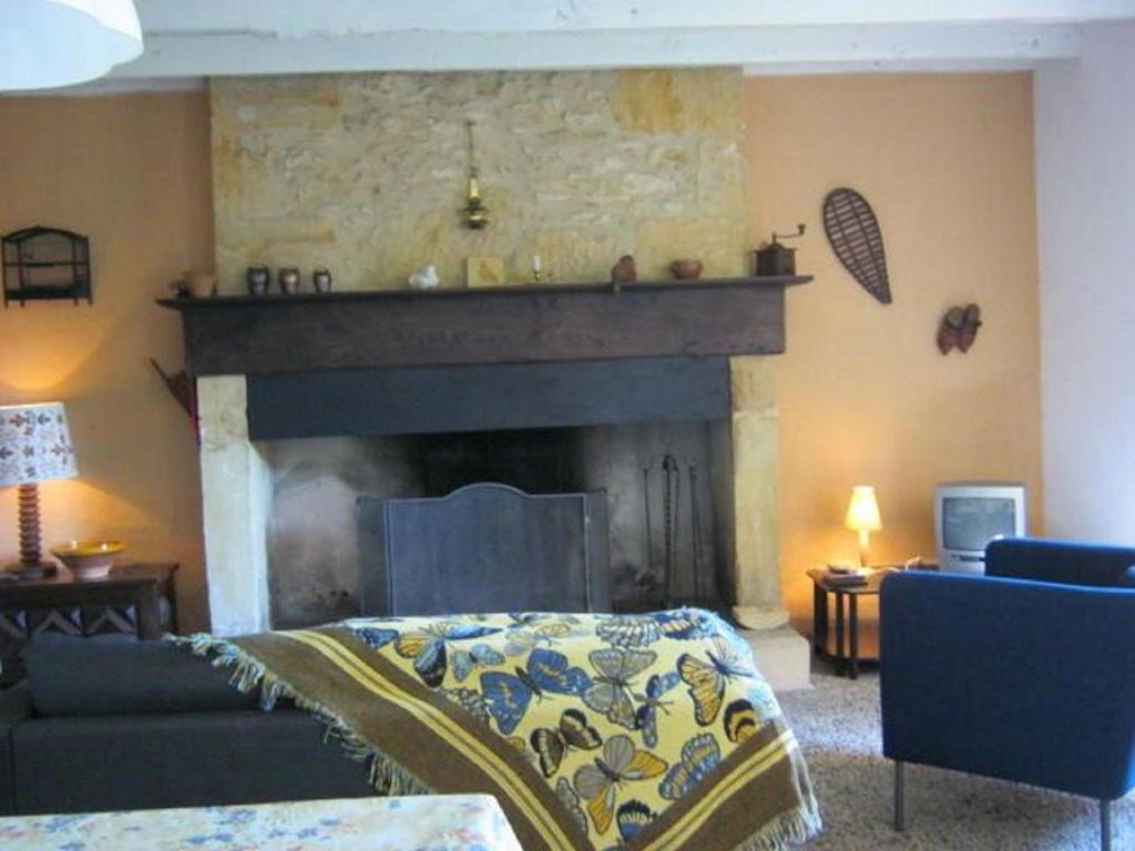a living room with a fireplace with a bed and a couch at Comfortable holiday home with garden in Sainte-Croix-de-Beaumont