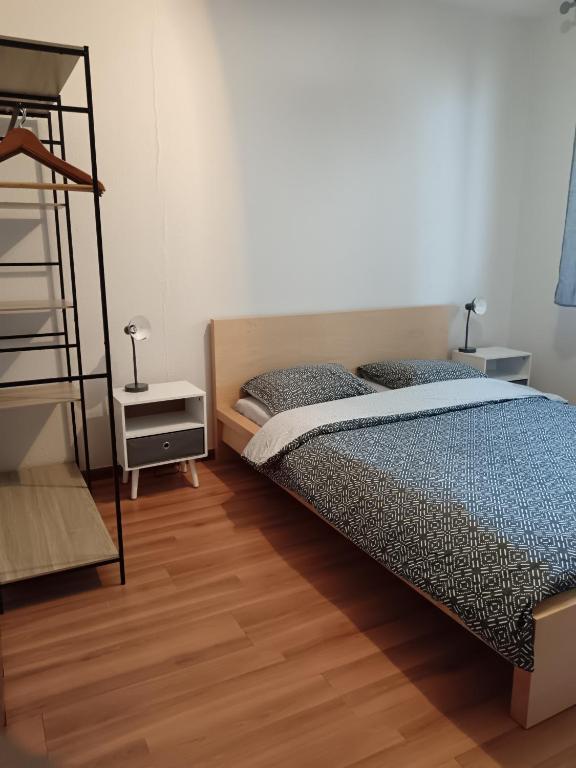 a bedroom with a bed and a ladder in it at Appartement cosy à Strasbourg in Strasbourg