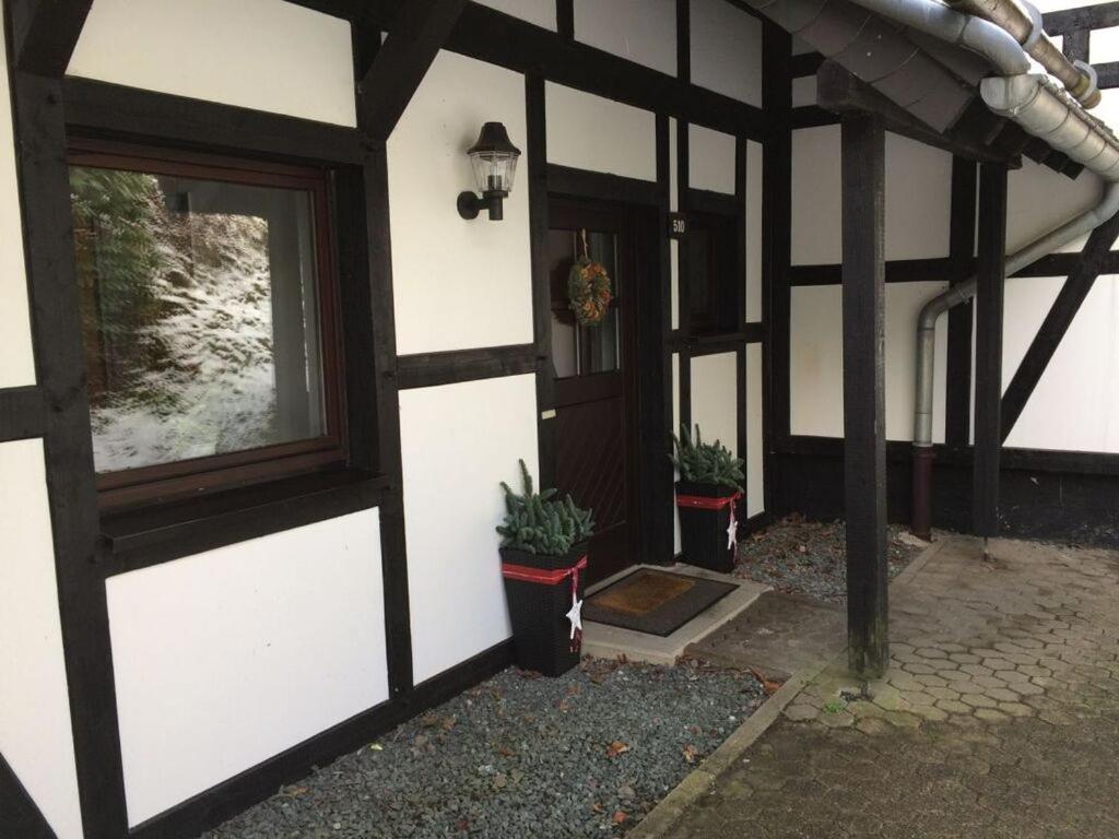 un bâtiment doté d'une porte et de plantes en pot dans l'établissement Postwiese Modern retreat, à Winterberg