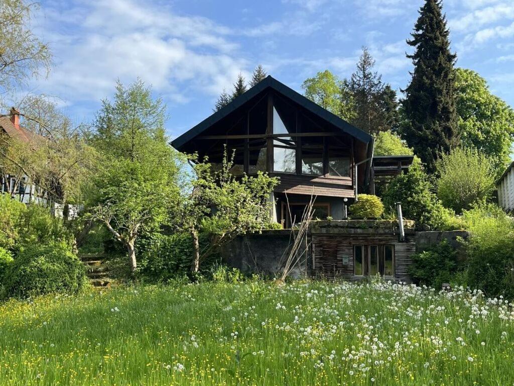 ein Haus mit einem schwarzen Dach auf einem Feld in der Unterkunft Schlechtbach sawmill in Gschwend