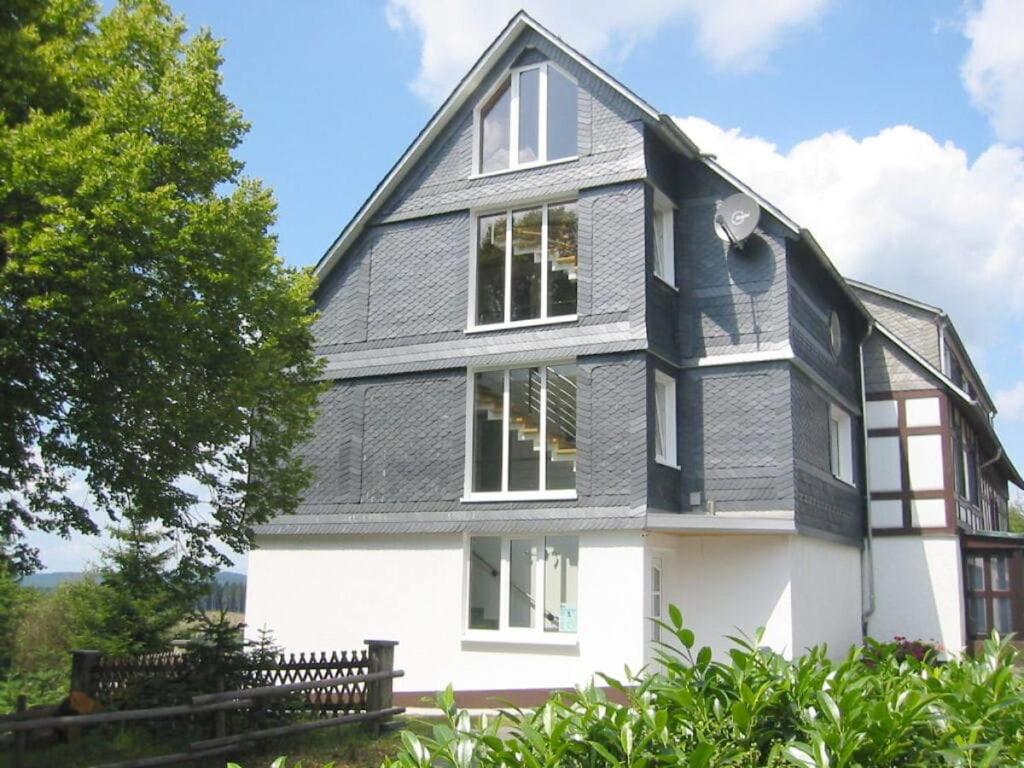 una casa con un exterior gris y blanco en To the big picture, en Winterberg