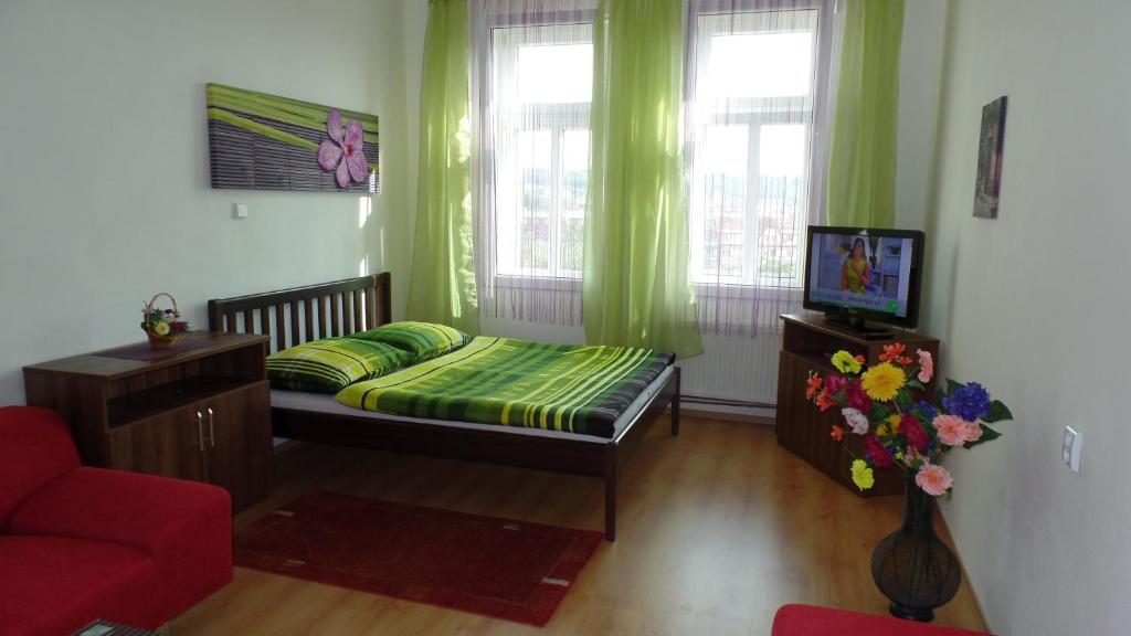 a room with a bed with a couch and windows at Apartments Rokytka - Praha in Prague