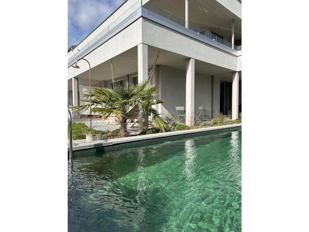 an external view of a house with a swimming pool at Lake Constance Apartment SeeSucht No 86 in Bodman-Ludwigshafen