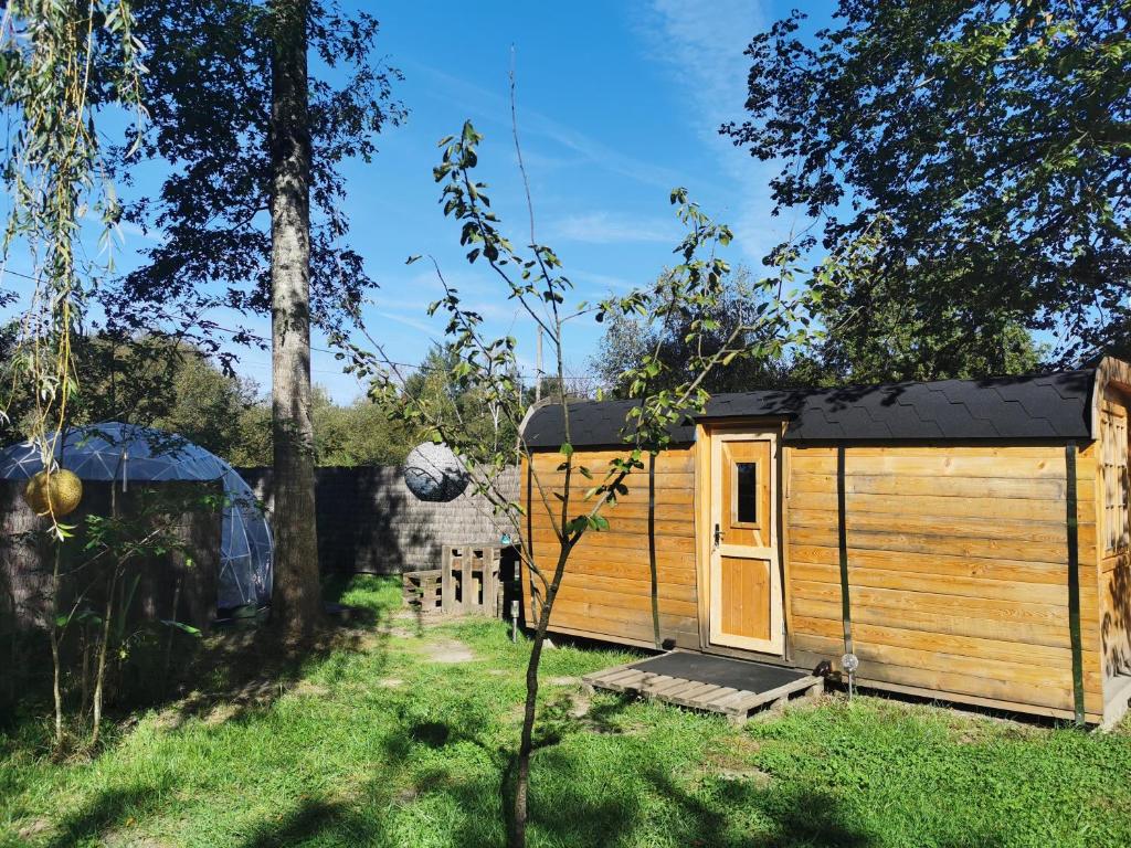 una cabina di legno in un campo con un albero di Magnifique chalet Atypique avec Spa sous bulle privatif a Lanthenay