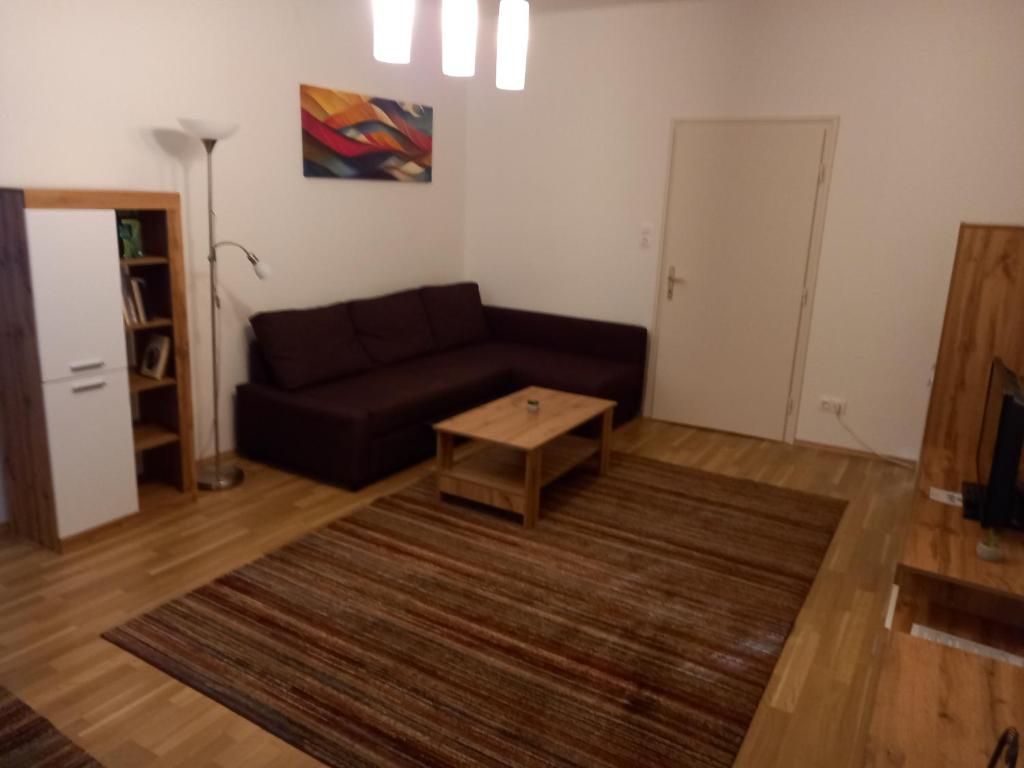 een woonkamer met een bank en een salontafel bij Zsóka Apartman in Miskolc