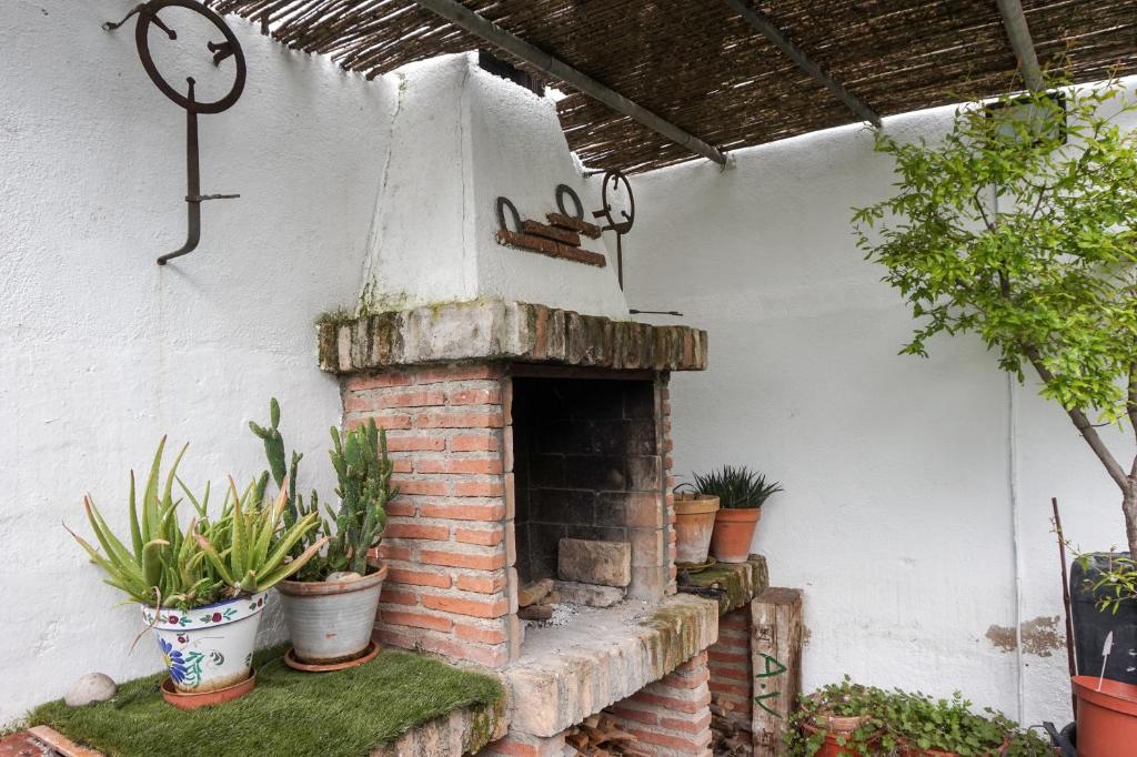 a brick fireplace in a yard with potted plants at Casa Jienense 