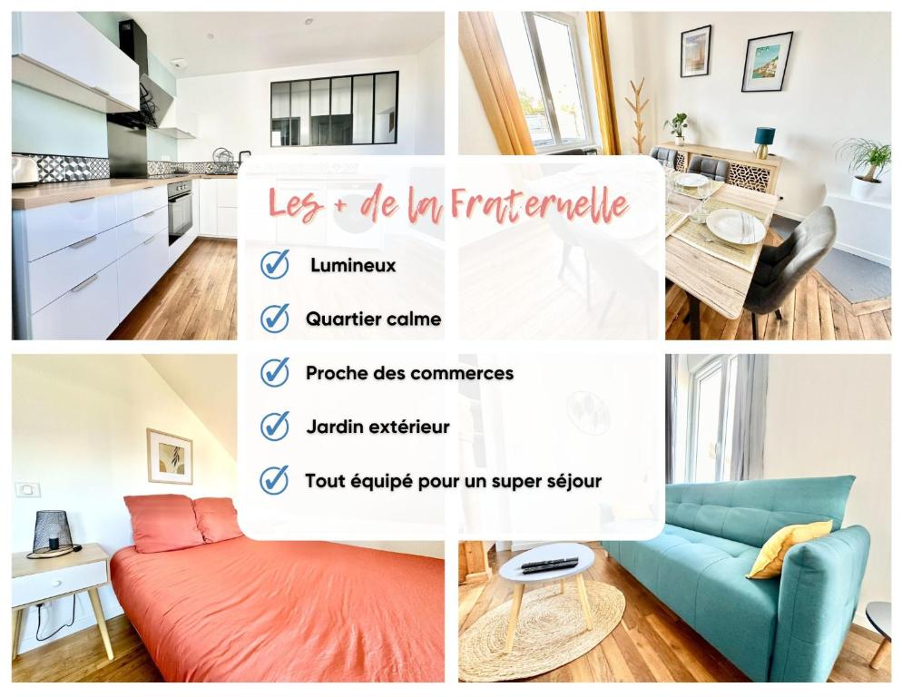 eine Collage mit Fotos von einer Küche und einem Wohnzimmer in der Unterkunft La Fraternelle, maison calme et zen avec jardin in Limoges