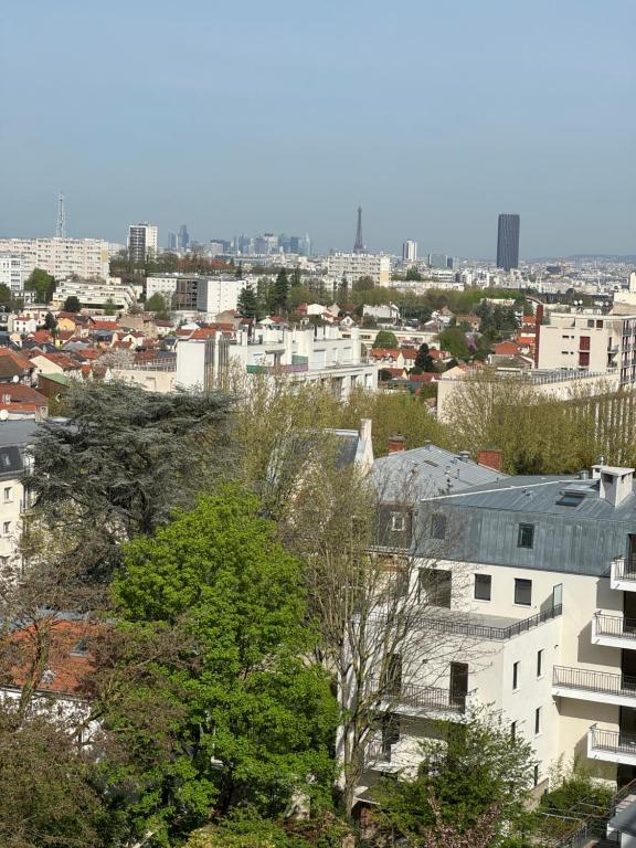 une vue d'une ville avec des bâtiments et des arbres dans l'établissement Joli appartement avec vue sur la Tour Eiffel, à Villejuif