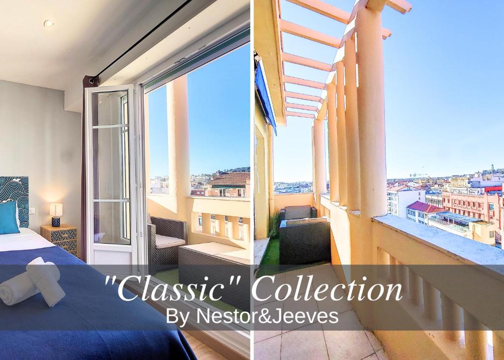 a bedroom with a balcony with a view of a city at Nestor&Jeeves - PALAIS HISPANIA - Top floor apartment in Nice