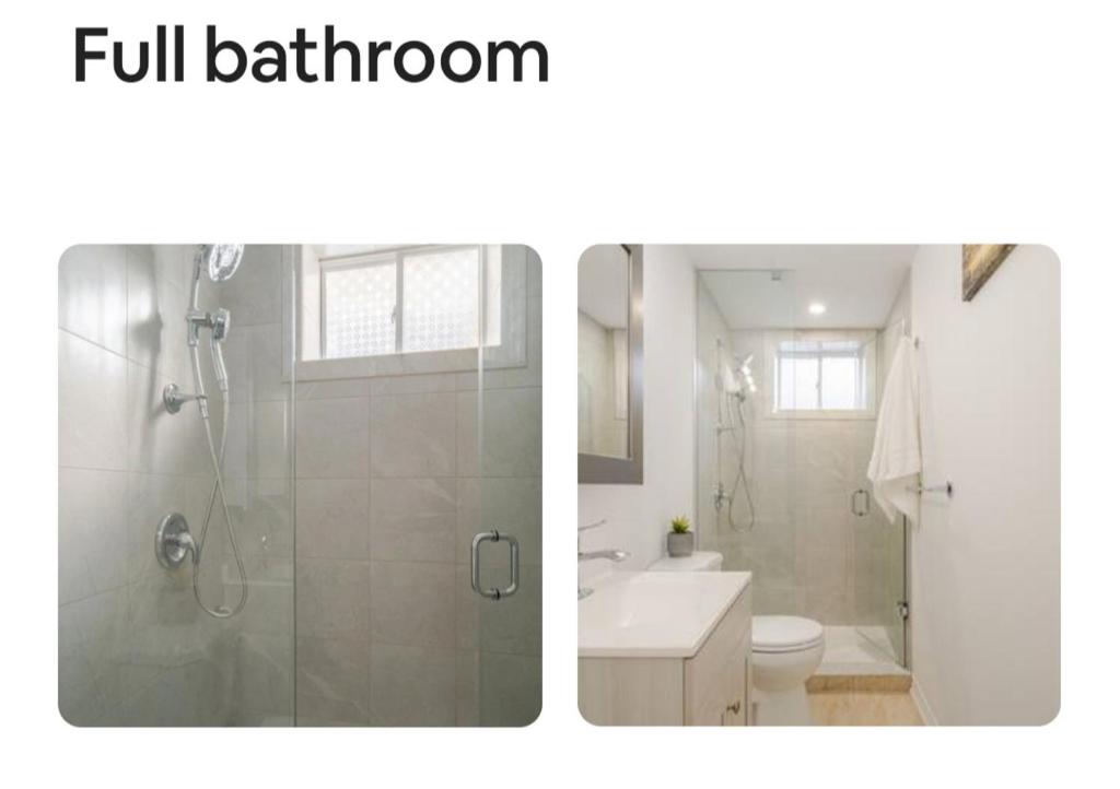 2 fotografías de un baño con ducha y aseo en Gorgeous House, en Welland