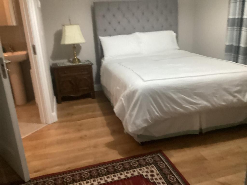 1 dormitorio con 1 cama y 1 lámpara en una mesa en 4 Cois Glaisin View en Kilcarn
