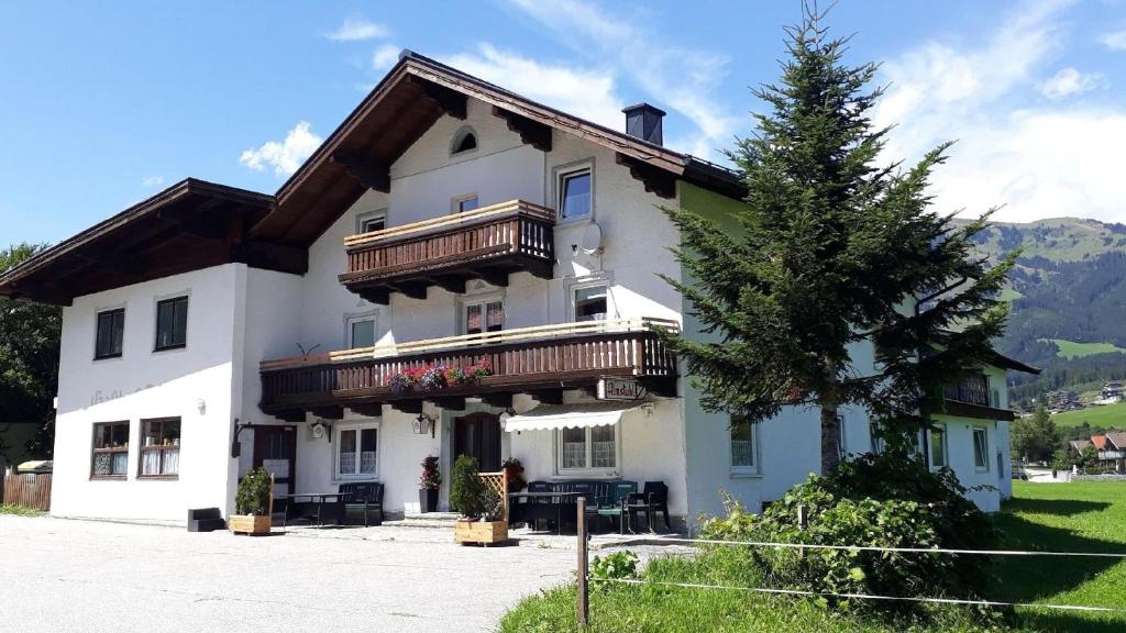a large white building with balconies and a tree at Ferienhaus Dankl in Hollersbach in Hollersbach im Pinzgau