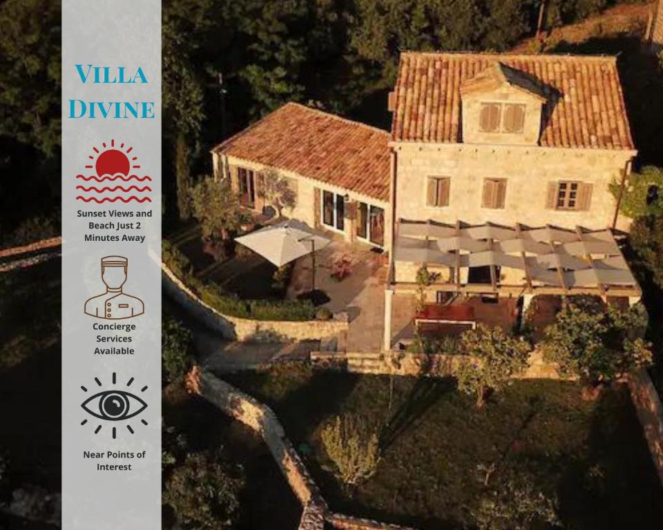 an aerial view of a house with a roof at Charming Sea View "Villa Divine" - 2min from the sea in Lopud