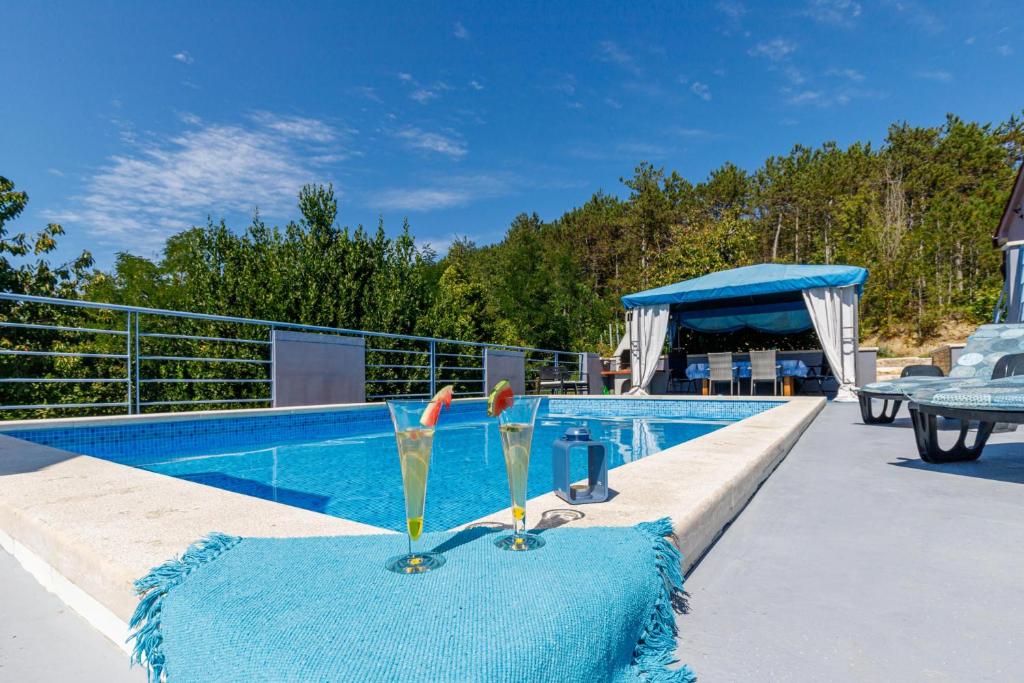 dos copas de vino en una mesa junto a una piscina en Pool Villa Maro In Nature, en Cerovlje