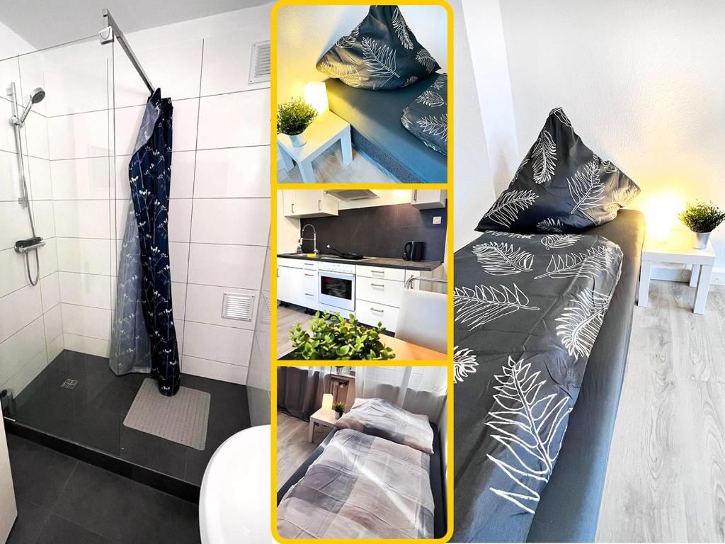 een kleine kamer met een bed en een douche bij GÜNSTIGE PREMIUM UNTERKUNFT in MÖNCHENGLADBACH in Mönchengladbach