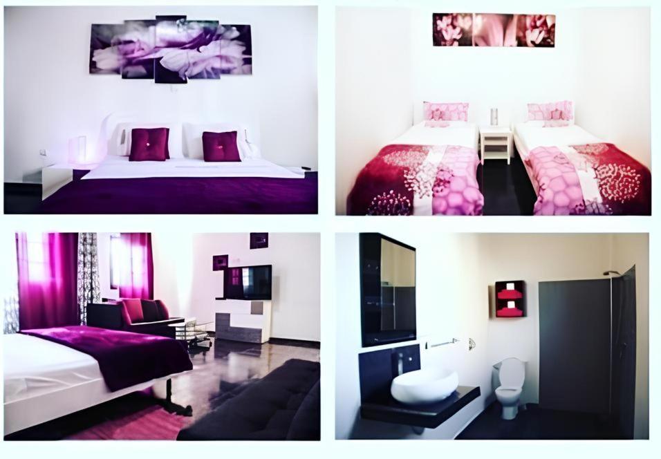 four different pictures of a hotel room with two beds and a room at sidi kaouki ayt karoum in Sidi Kaouki