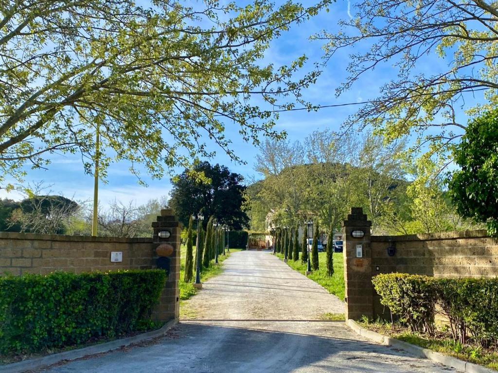 a driveway with a gate and trees on either side at Podere Il Ritorno in Portoferraio