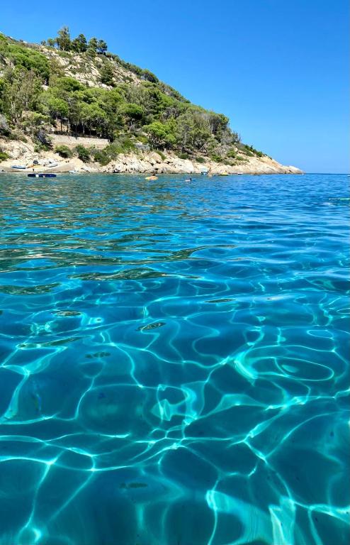 a blue body of water with an island in the background at Podere Il Ritorno in Portoferraio