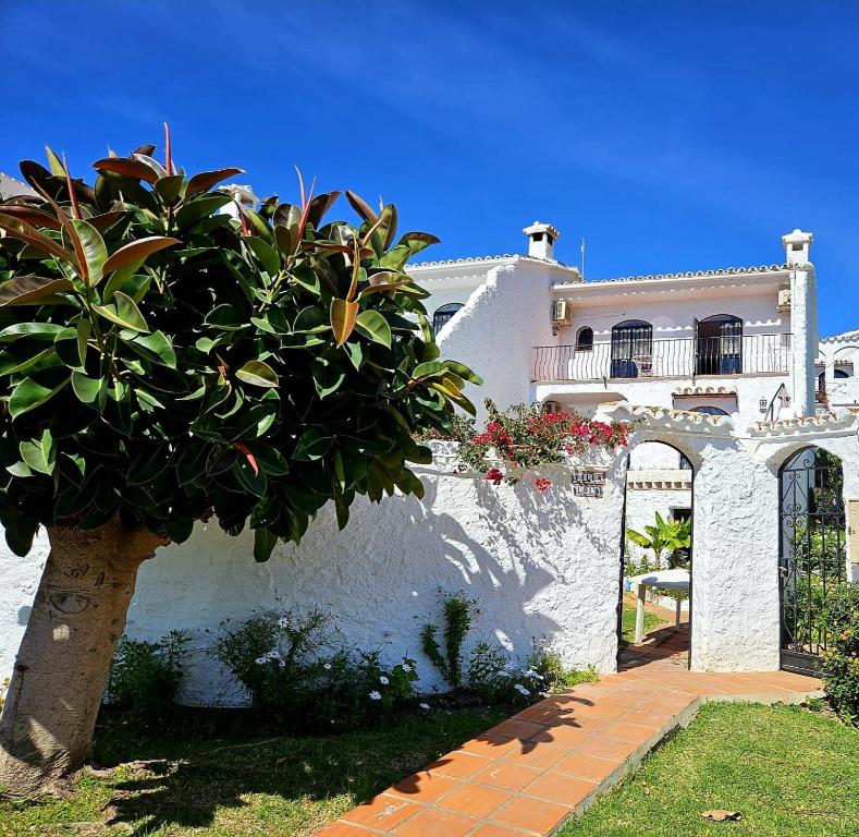 ein weißes Haus mit einem Baum davor in der Unterkunft Villa Crisantemos in Nerja