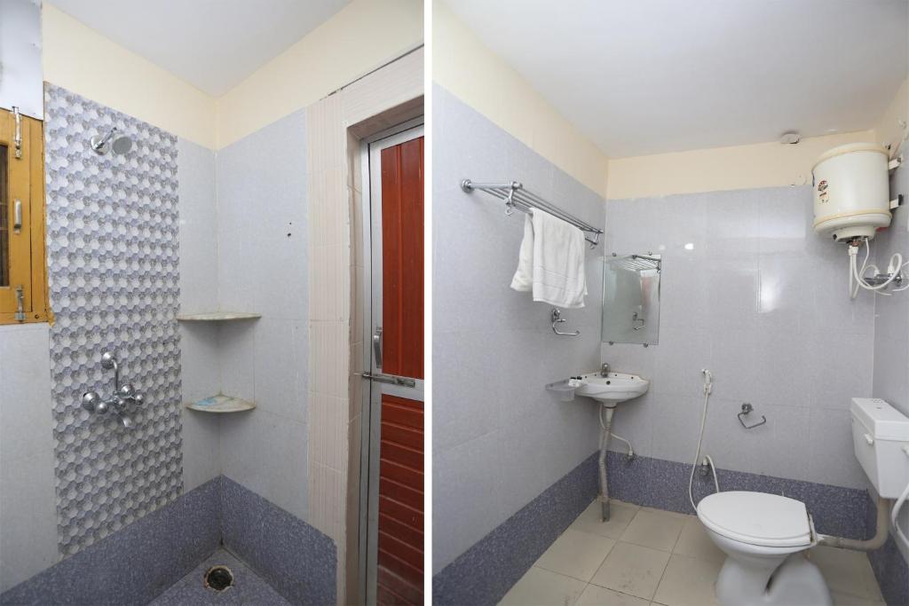 two pictures of a bathroom with a toilet and a sink at Flagship Vibrant Guest House in Dānāpur
