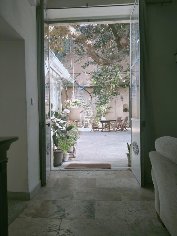 an open door to a courtyard with potted plants at chambres d'hôtes l'atrium in Orange