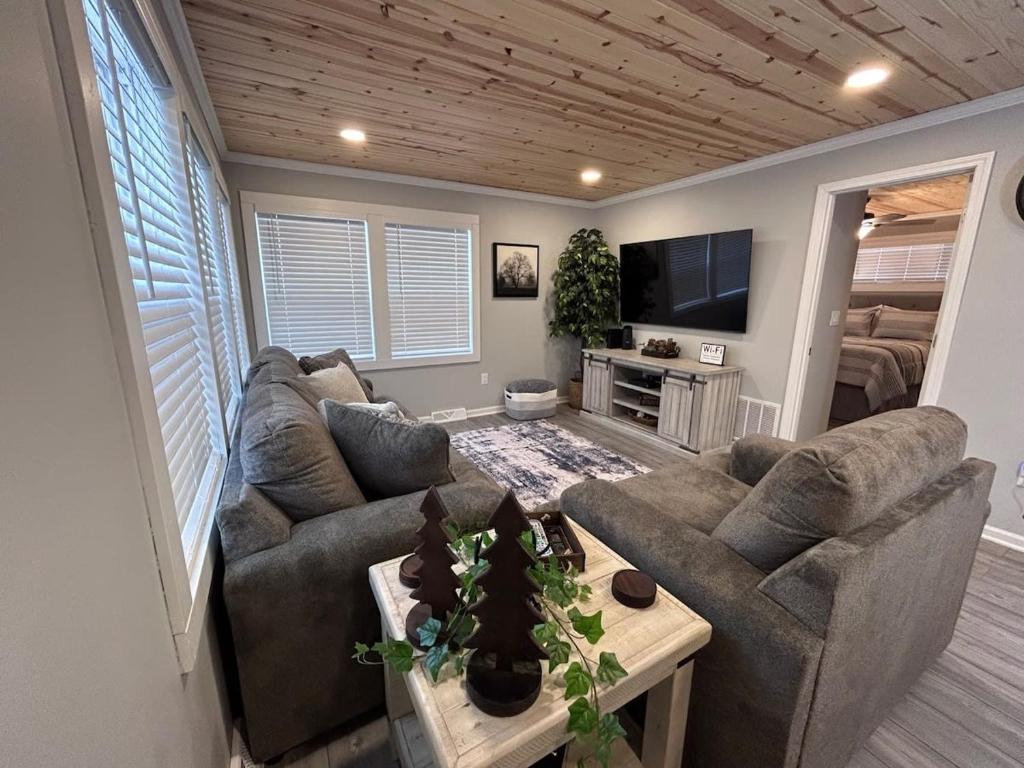a living room with a couch and a tv at Railroad Street Retreat ~ Close to Trails 8 & 13 in Bergland
