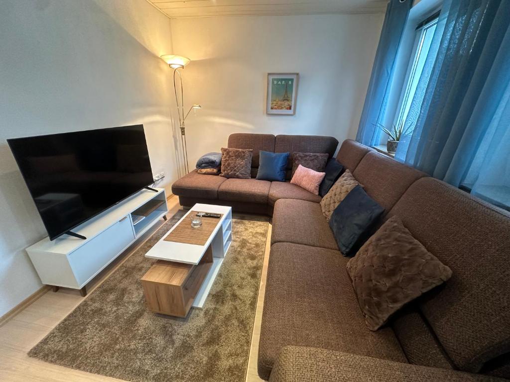 un soggiorno con divano e TV a schermo piatto di FeWo 49 a Goldkronach