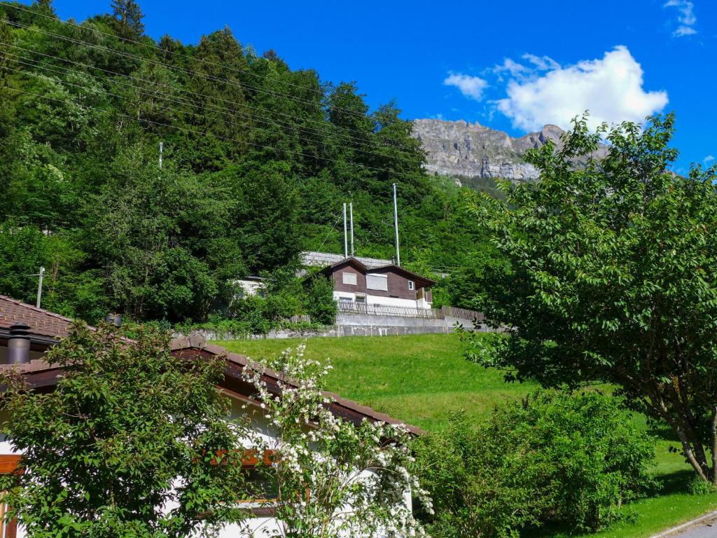 a house sitting on top of a green hill at Holiday Home Chalet Guldeli by Interhome in Kandergrund