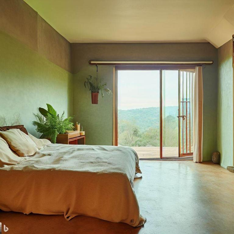 ein Schlafzimmer mit einem Bett und einem großen Fenster in der Unterkunft Vila Venusta in Santos