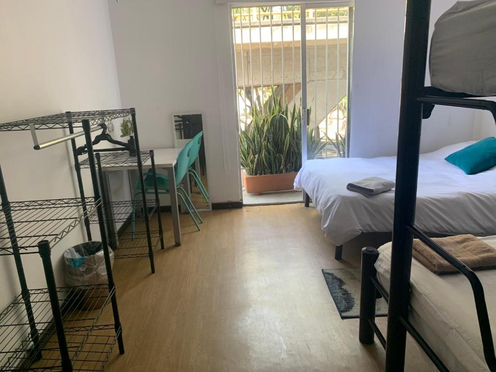 Zimmer mit 2 Etagenbetten und einem Fenster in der Unterkunft Hostal Top Location ideal para viajeros Polanco in Mexiko-Stadt