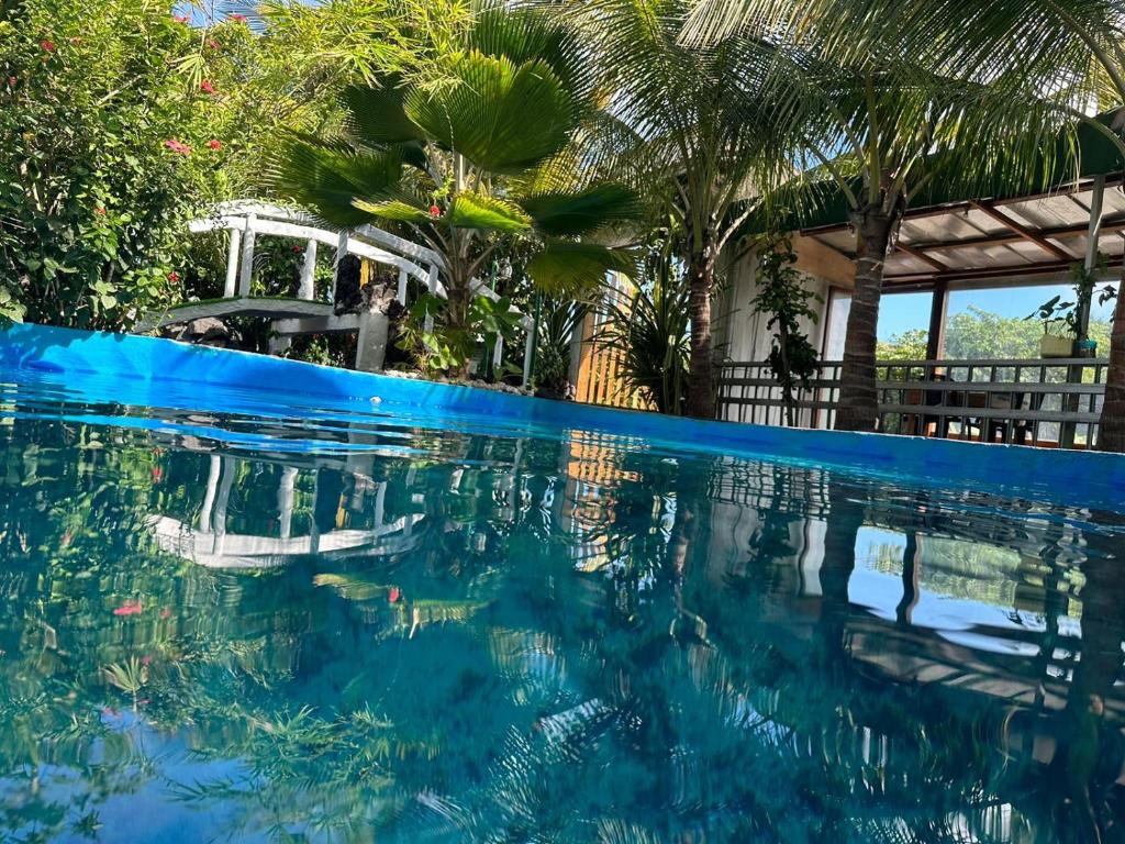 ein Wasserpool mit einem Boot darin in der Unterkunft Sky Blue Hospedaje in Puerto Villamil