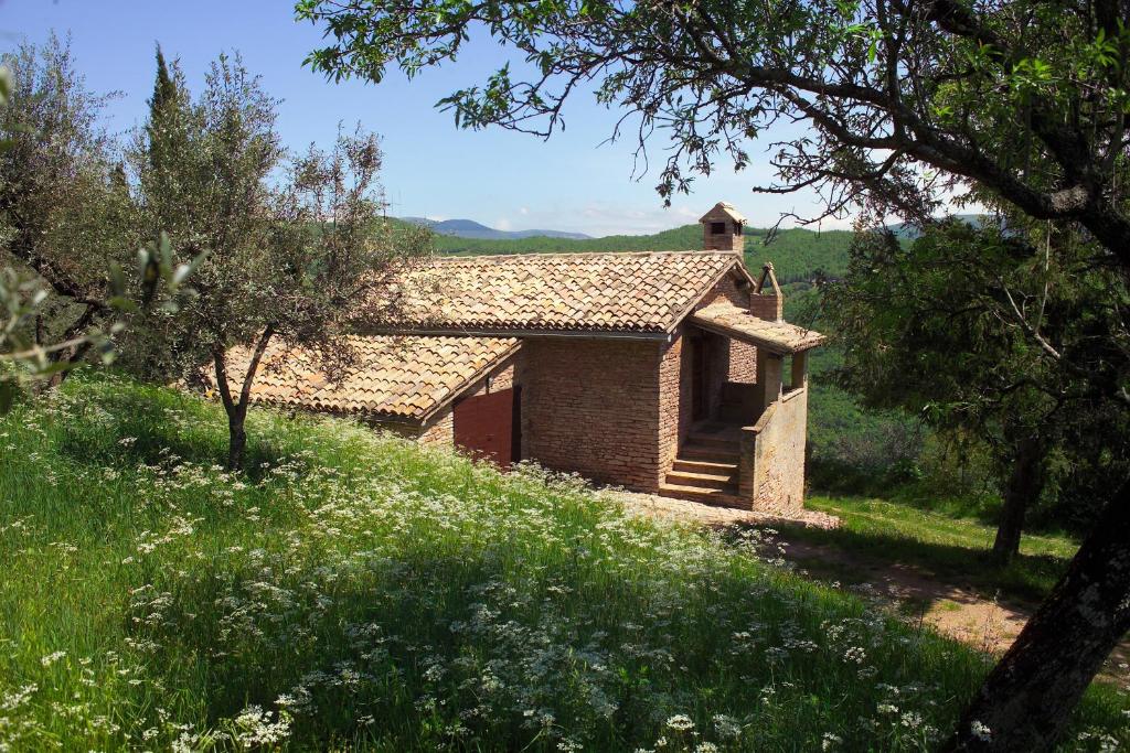 an old brick house in a field with trees at Agriturismo Cuore Verde La Madreselva a Spello in Spello