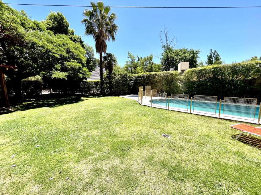 um quintal com uma piscina e uma palmeira em Casa Don Molina, en Chacras con pileta! em Luján de Cuyo