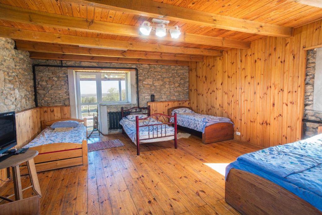 um quarto com 3 camas num quarto de madeira em Green Oak Villa em Andrushovka