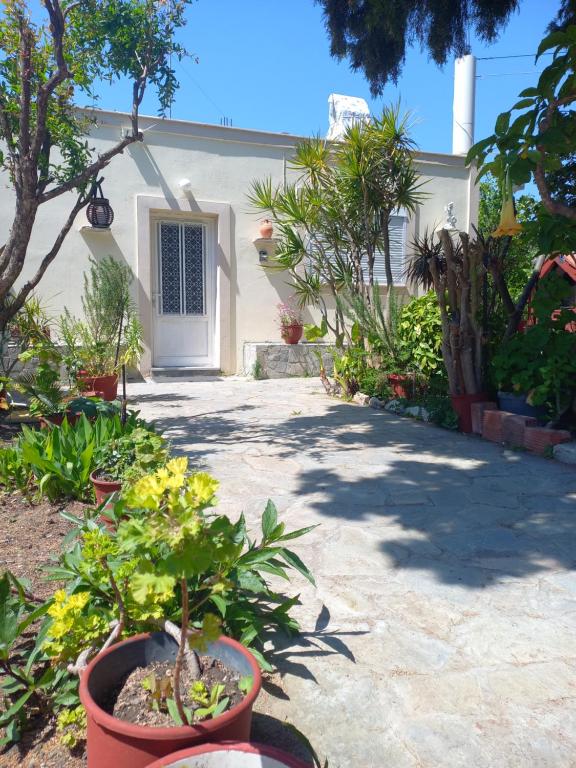 a house with plants in front of a driveway at Maria's garden house in Archangelos