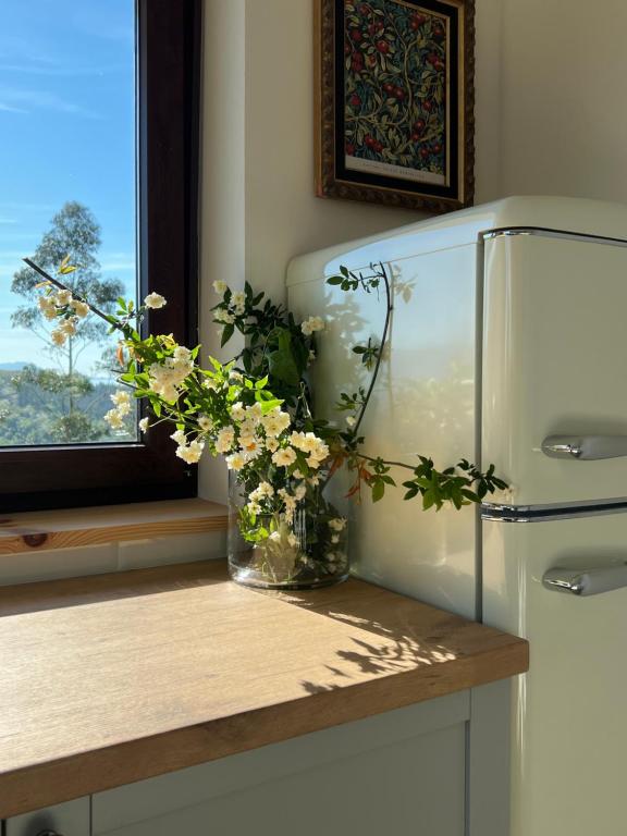 a vase with flowers on a counter next to a refrigerator at Mirando a Corona in Ayuela