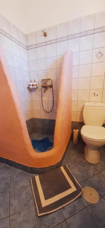 a bathroom with a shower and a toilet at Thalassa house by the sea in Áyios Yeóryios