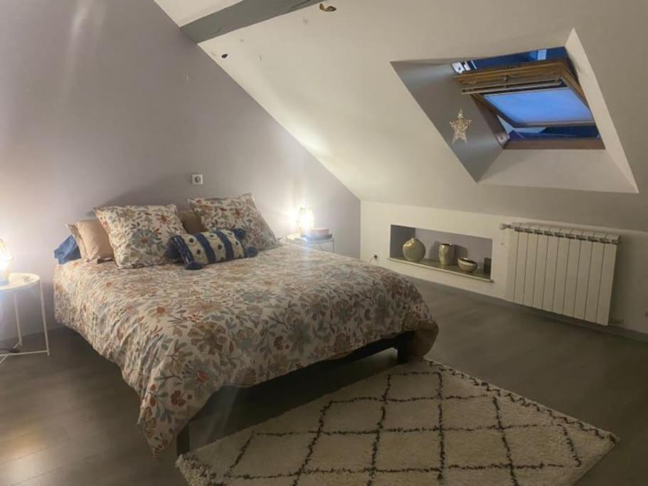 1 dormitorio con 1 cama grande y tragaluz en Superbe appartement au coeur du Jura en Champagnole
