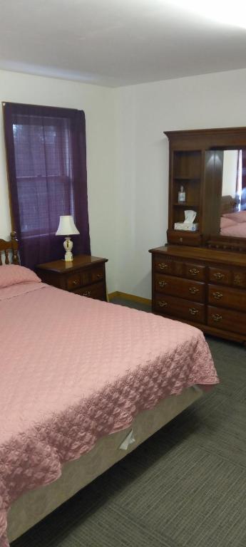 a bedroom with a bed and a dresser and a mirror at Sweet suite in Houghton