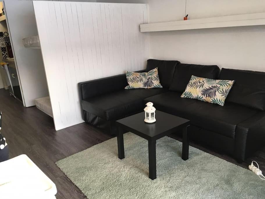 - un canapé noir avec une table dans le salon dans l'établissement Beau studio plein sud dans résidence tout confort, à Saint-Étienne-en-Dévoluy