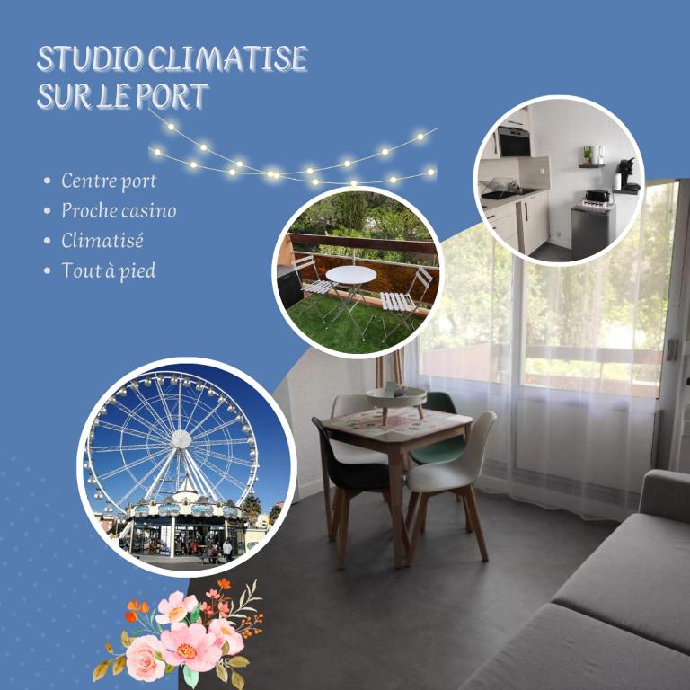 un collage de photos d'un salon avec une roue dans l'établissement La Désirade avec Parking- Port - WIFI couchage en 160 neuf, au Cap d'Agde