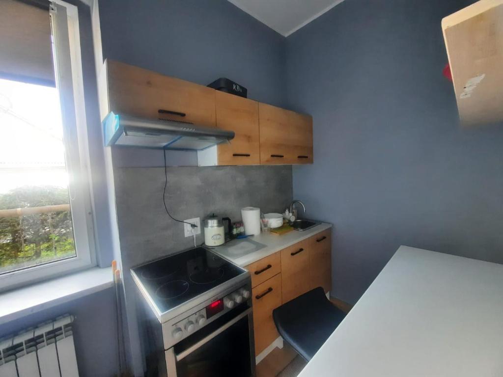 a small kitchen with wooden cabinets and a stove at Mieszkanie in Walim